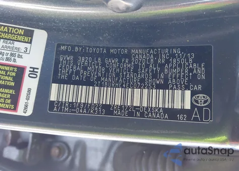 2014 Toyota Corolla S Plus z USA, uszkodzony, nr VIN 2T1BURHE4EC072253